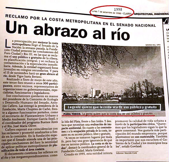 Un abrazo al río - Fundación Ciudad - Diario Clarín, 7 de septiembre de 1998